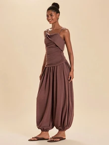 Travachic Women's Pleated Camisole Top And Loose Tapered Pants 2 Pieces Set - Coffee Brown - View 5