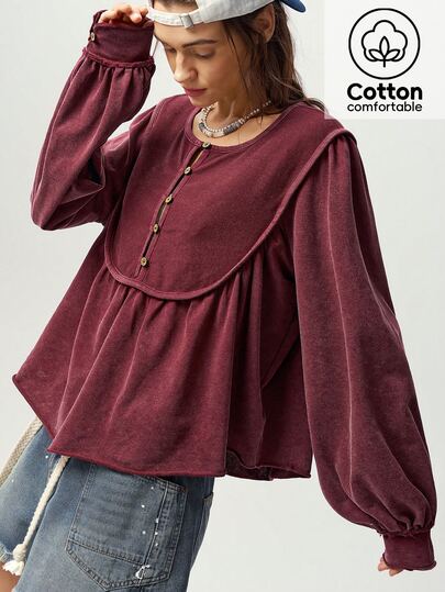Bohemela Casual Cottagecore Boho Solid Color Knit Loose Fit Women's Sweatshirt Picnic Dark Red Autumn