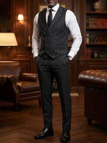 Manfinity Mode Men 1pc Vertical Striped Waistcoat & 1pc Suit Pants - Black - View 3