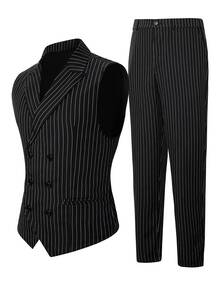 Manfinity Mode Men 1pc Vertical Striped Waistcoat & 1pc Suit Pants - Black - View 5