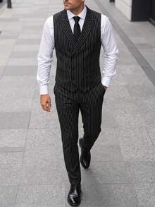 Manfinity Mode Men 1pc Vertical Striped Waistcoat & 1pc Suit Pants - Black - View 4
