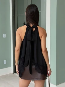 Yohana Edit Atasan kamisol satin hitam seksi elegan dengan detail renda dan punggung terbuka, cocok untuk pesta, koktail, acara formal, dan musim panas. - Hitam - View 2