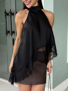Yohana Edit Atasan kamisol satin hitam seksi elegan dengan detail renda dan punggung terbuka, cocok untuk pesta, koktail, acara formal, dan musim panas. - Hitam - View 5