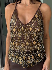 Yohana Edit Women's Sequin Embellished Floral Camisole Top Holiday Evening Party Night Night Out Brown And Gold Summer Sexsy - Brown - View 4