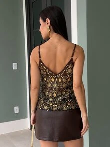 Yohana Edit Women's Sequin Embellished Floral Camisole Top Holiday Evening Party Night Night Out Brown And Gold Summer Sexsy - Brown - View 3