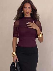 Aloruh Women's Mesh Ruched 2 In 1 Cover Up, Fitted Inner Layer Base Top, Minimalist Sexy Style, French Style Top,Purplish-Red,Casual Office Commute Tops,Y2K - Purple - View 1