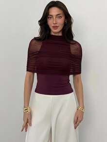 Aloruh Women's Mesh Ruched 2 In 1 Cover Up, Fitted Inner Layer Base Top, Minimalist Sexy Style, French Style Top,Purplish-Red,Casual Office Commute Tops,Y2K - Purple - View 5