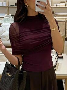 Aloruh Women's Mesh Ruched 2 In 1 Cover Up, Fitted Inner Layer Base Top, Minimalist Sexy Style, French Style Top,Purplish-Red,Casual Office Commute Tops,Y2K - Purple - View 6