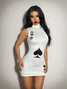 SHEIN ICON Women's Goth Queen Of Spades Poker Card Print Halloween Cosplay Mini Dress For Costume Play - Multicolor - View 4