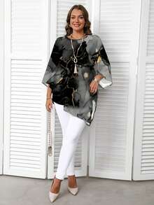 EMERY ROSE Plus Size Water-Ink Marble Textured Pattern Round Neck Long Sleeve Shirt, Suitable For Spring And Autumn Asymmetrical Blouse Winter Chic Blouses Women - Multicolor - View 5