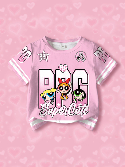 THE POWERPUFF GIRLS X SHEIN Lässiges Kurzarm-T-Shirt für Kleine Mädchen mit Buchstaben-Cartoon-Muster