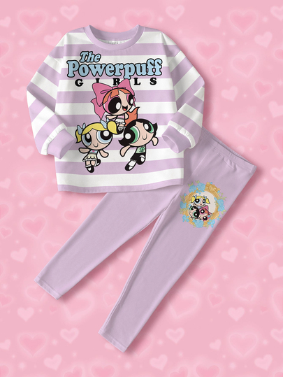 THE POWERPUFF GIRLS X SHEIN Young Girl Letter Cartoon Print Long Sleeve Sweatshirt And Pants Casual Set