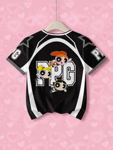 THE POWERPUFF GIRLS X SHEIN 青少年女孩字母卡通印花休閒百搭日常短袖T恤 - 白色 - 查看 2