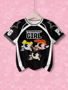 THE POWERPUFF GIRLS X SHEIN 青少年女孩字母卡通印花休閒百搭日常短袖T恤 - 白色 - 查看 1