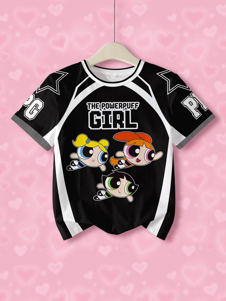 THE POWERPUFF GIRLS X SHEIN 青少年女孩字母卡通印花休閒百搭日常短袖T恤 - 白色 - 查看 1