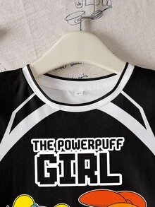THE POWERPUFF GIRLS X SHEIN 青少年女孩字母卡通印花休閒百搭日常短袖T恤 - 白色 - 查看 4