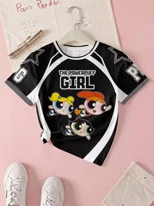 THE POWERPUFF GIRLS X SHEIN 青少年女孩字母卡通印花休閒百搭日常短袖T恤 - 白色 - 查看 3