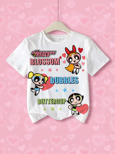 THE POWERPUFF GIRLS X SHEIN تي شيرت كاجوال يومي بأكمام قصيرة وياقة دائرية بطبعة كرتونية وحروف للبنات المراهقات