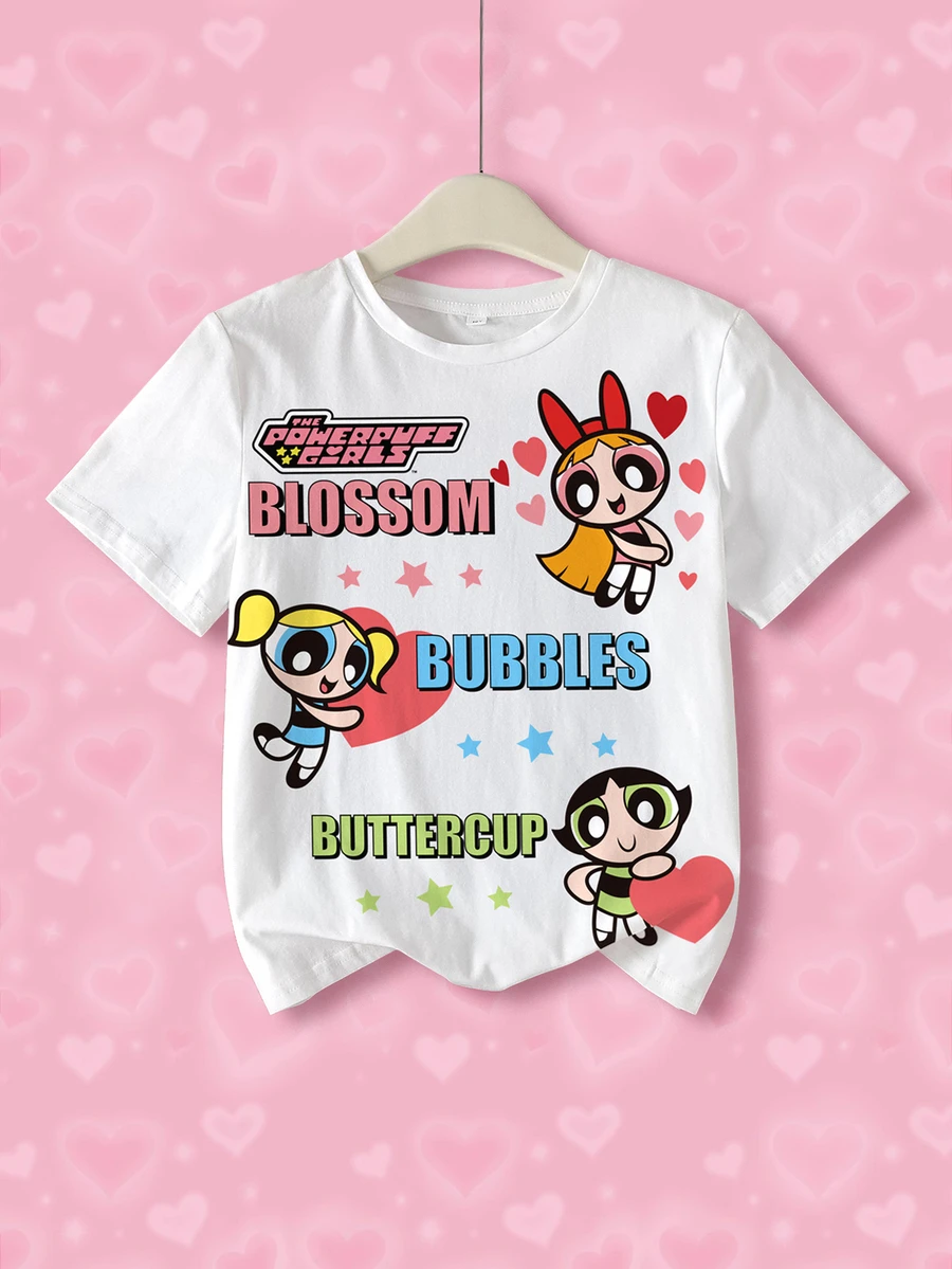 THE POWERPUFF GIRLS X SHEIN Tween Girl Letter Cartoon Print Round Neck Casual Daily Short Sleeve T-Shirt - White - View 1
