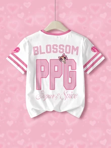 THE POWERPUFF GIRLS X SHEIN Tween Girl Cartoon Print Striped Colorblock Round Neck Short Sleeve T-Shirt - White - View 2