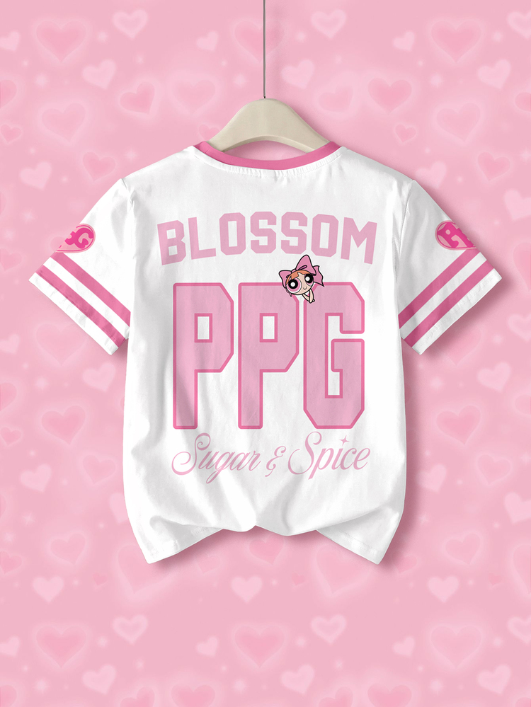 THE POWERPUFF GIRLS X SHEIN Tween Girl Cartoon Print Striped Colorblock Round Neck Short Sleeve T-Shirt - White - View 2