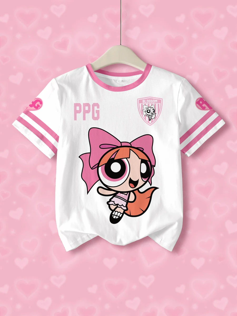 THE POWERPUFF GIRLS X SHEIN Tween Girl Cartoon Print Striped Colorblock Round Neck Short Sleeve T-Shirt - White - View 1