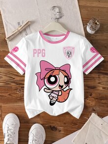 THE POWERPUFF GIRLS X SHEIN Tween Girl Cartoon Print Striped Colorblock Round Neck Short Sleeve T-Shirt - White - View 4