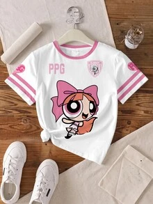 THE POWERPUFF GIRLS X SHEIN Tween Girl Cartoon Print Striped Colorblock Round Neck Short Sleeve T-Shirt - White - View 3