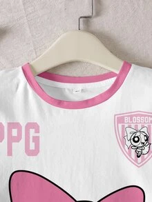 THE POWERPUFF GIRLS X SHEIN Tween Girl Cartoon Print Striped Colorblock Round Neck Short Sleeve T-Shirt - White - View 5