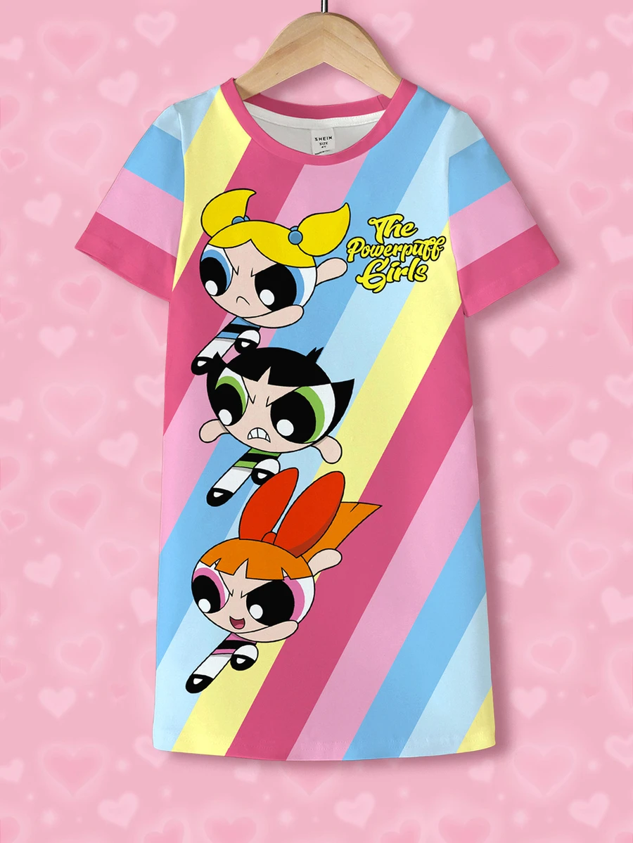 THE POWERPUFF GIRLS X SHEIN Young Girl Round Neck Letter Cartoon Print Casual Daily Summer Dress - White - View 1