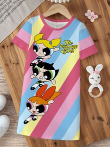 THE POWERPUFF GIRLS X SHEIN Young Girl Round Neck Letter Cartoon Print Casual Daily Summer Dress - White - View 8