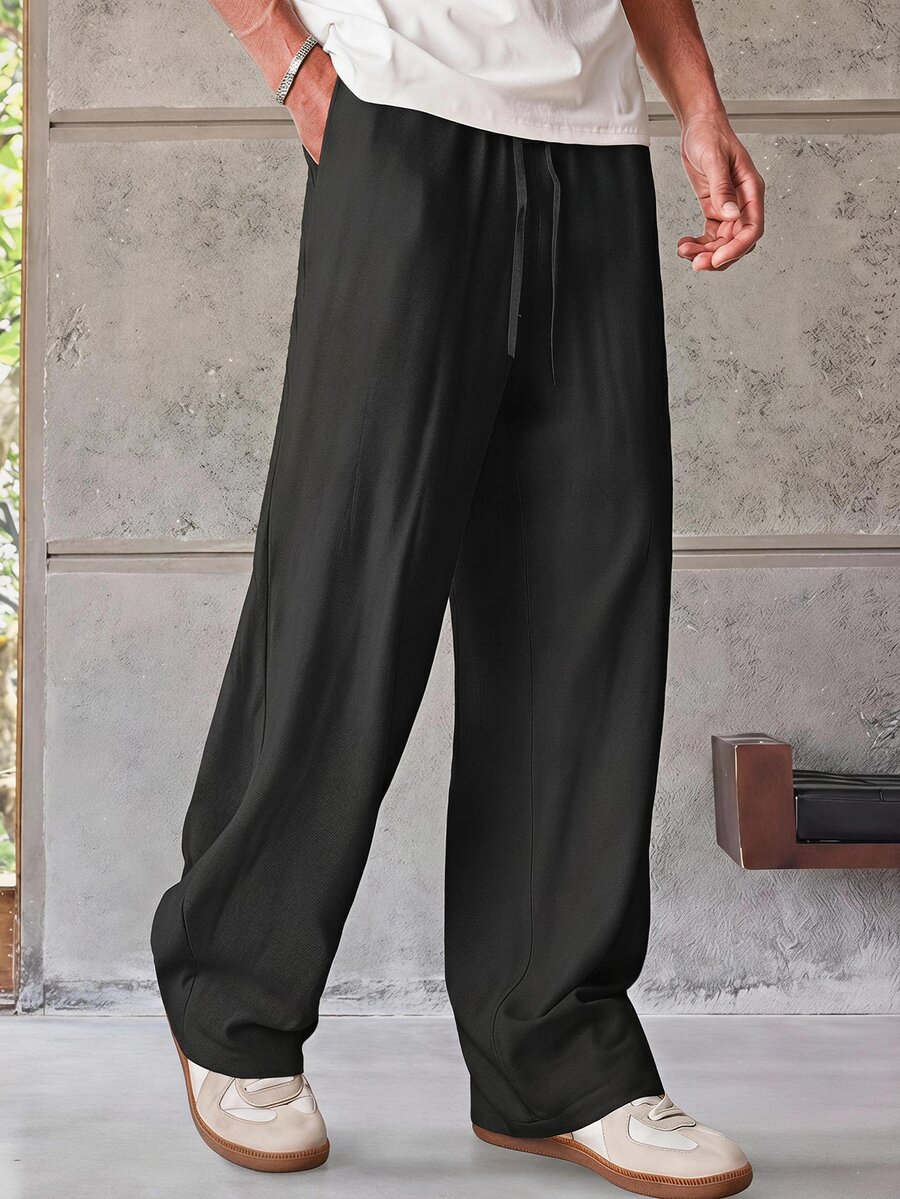 ESTAVOR Men's Casual Everyday Commute Solid Color Drawstring Waist Straight Leg Pants - Black - View 1