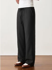 ESTAVOR Men's Casual Everyday Commute Solid Color Drawstring Waist Straight Leg Pants - Black - View 2