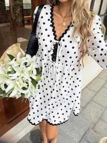 Serisse Women's V-Neck BlackAndWhite Polka Dot Print Color Blocking Mini DressFrench Retro RomanticCuteElegantdress Autumn Business Schoolbrunch Afternoon Tea - Multicolor - View 7