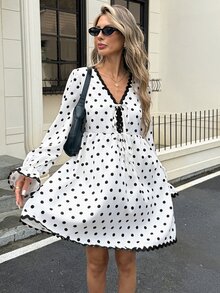Serisse Women's V-Neck BlackAndWhite Polka Dot Print Color Blocking Mini DressFrench Retro RomanticCuteElegantdress Autumn Business Schoolbrunch Afternoon Tea - Multicolor - View 5