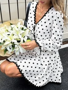 Serisse Women's V-Neck BlackAndWhite Polka Dot Print Color Blocking Mini DressFrench Retro RomanticCuteElegantdress Autumn Business Schoolbrunch Afternoon Tea - Multicolor - View 1
