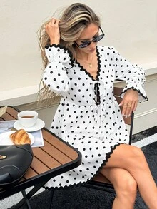 Serisse Women's V-Neck BlackAndWhite Polka Dot Print Color Blocking Mini DressFrench Retro RomanticCuteElegantdress Autumn Business Schoolbrunch Afternoon Tea - Multicolor - View 8