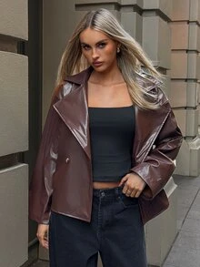 Aloruh 女款秋冬深棕色PU風衣，大翻領優雅通勤百搭外套，適合秋季女性夜間派對與外出穿著 - 棕色 - 查看 4