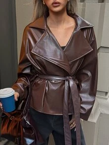 Aloruh 女款秋冬深棕色PU風衣，大翻領優雅通勤百搭外套，適合秋季女性夜間派對與外出穿著 - 棕色 - 查看 8