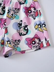 THE POWERPUFF GIRLS X SHEIN Young Girl Cartoon Graphic & Text Print Crew Neck Short Sleeve T-Shirt And Shorts Casual Home Wear Set - White - View 6