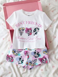 THE POWERPUFF GIRLS X SHEIN Young Girl Cartoon Graphic & Text Print Crew Neck Short Sleeve T-Shirt And Shorts Casual Home Wear Set - White - View 4