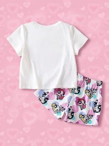 THE POWERPUFF GIRLS X SHEIN Young Girl Cartoon Graphic & Text Print Crew Neck Short Sleeve T-Shirt And Shorts Casual Home Wear Set - White - View 2