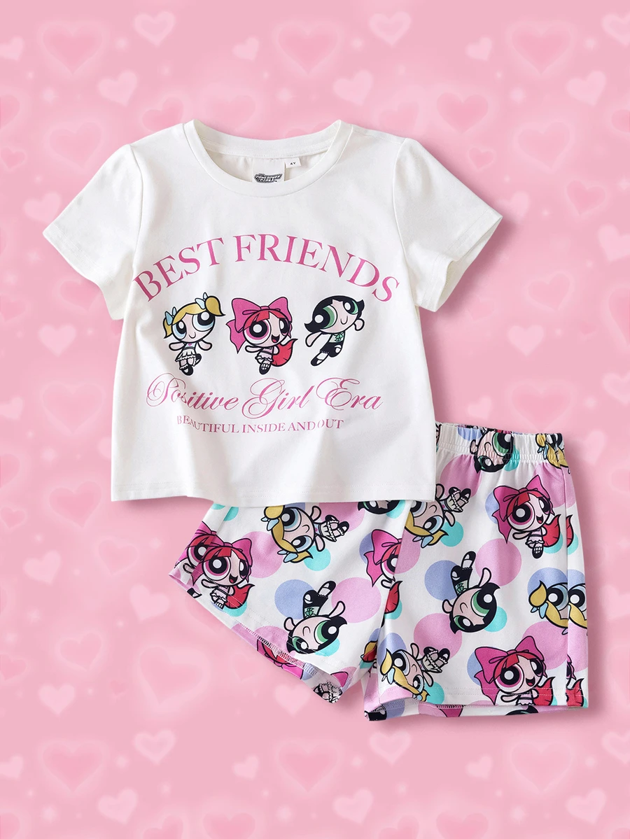 THE POWERPUFF GIRLS X SHEIN Young Girl Cartoon Graphic & Text Print Crew Neck Short Sleeve T-Shirt And Shorts Casual Home Wear Set - White - View 1