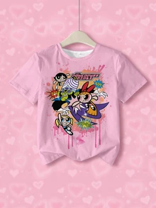 THE POWERPUFF GIRLS X SHEIN Tween Girl Letter Cartoon Print Casual Daily Short Sleeve T-Shirt - White - View 1