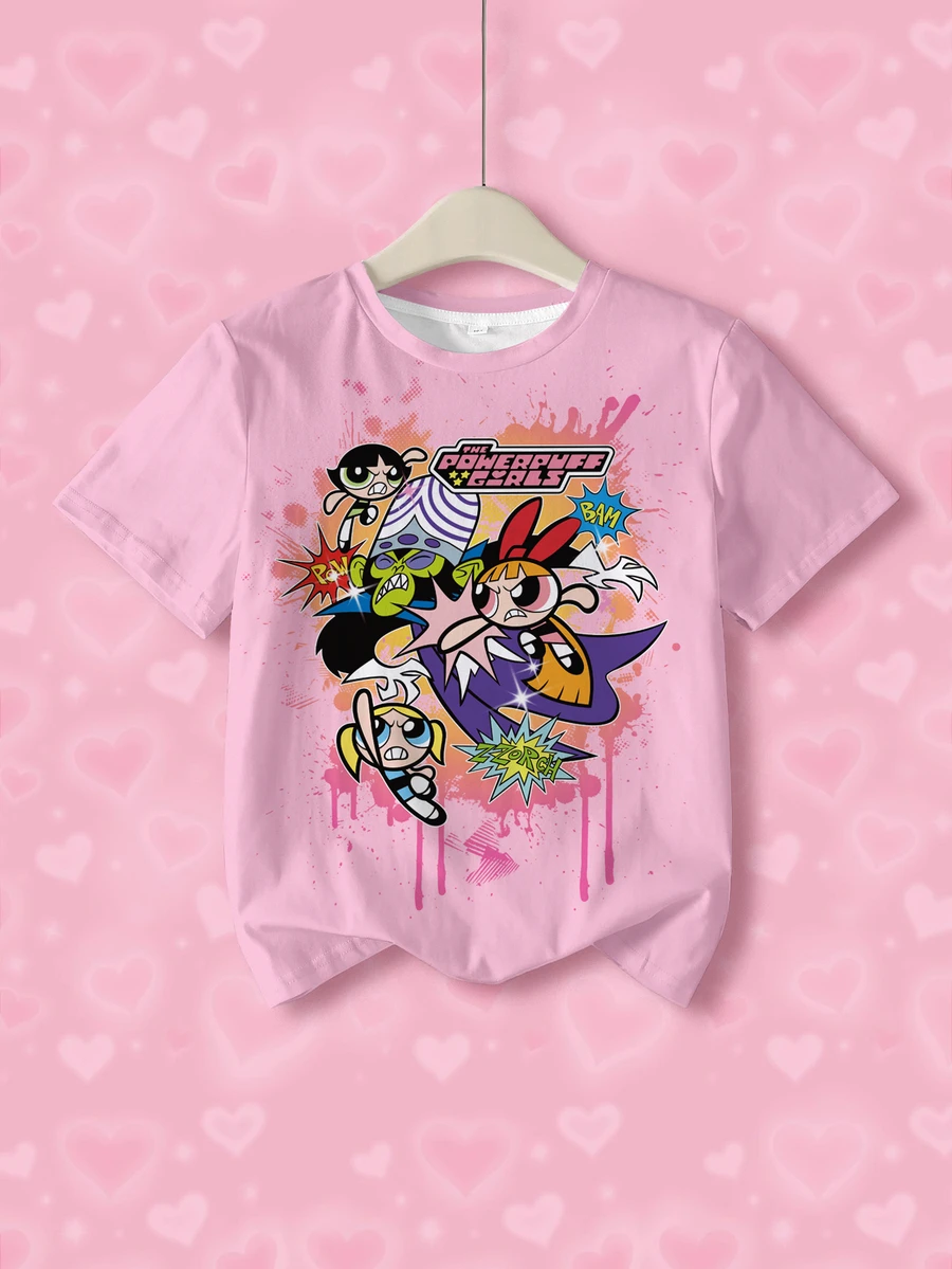 THE POWERPUFF GIRLS X SHEIN Tween Girl Letter Cartoon Print Casual Daily Short Sleeve T-Shirt - White - View 1
