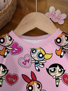 THE POWERPUFF GIRLS X SHEIN 女嬰卡通印花休閒日常長袖衛衣 - 白色 - 查看 4