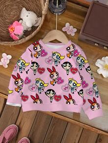 THE POWERPUFF GIRLS X SHEIN 女嬰卡通印花休閒日常長袖衛衣 - 白色 - 查看 3