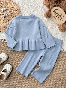SHEIN طقم بناتي من كارديجان محبوك بأكمام طويلة مزين بفيونكة وبنطلون محبوك للخريف والشتاء - الأزرق - مشاهدة 2