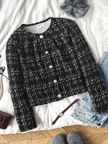 SHEIN 青少年女孩長款外套，長袖金屬鈕扣格紋，萬聖節、秋季、冬季、Y2K風格 - 黑色 - 查看 5