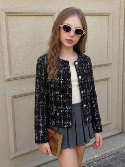 SHEIN Tween Girls Coats Long Sleeve Metal Button Plaid,Halloween,Fall,Winter,Autumn,Y2k